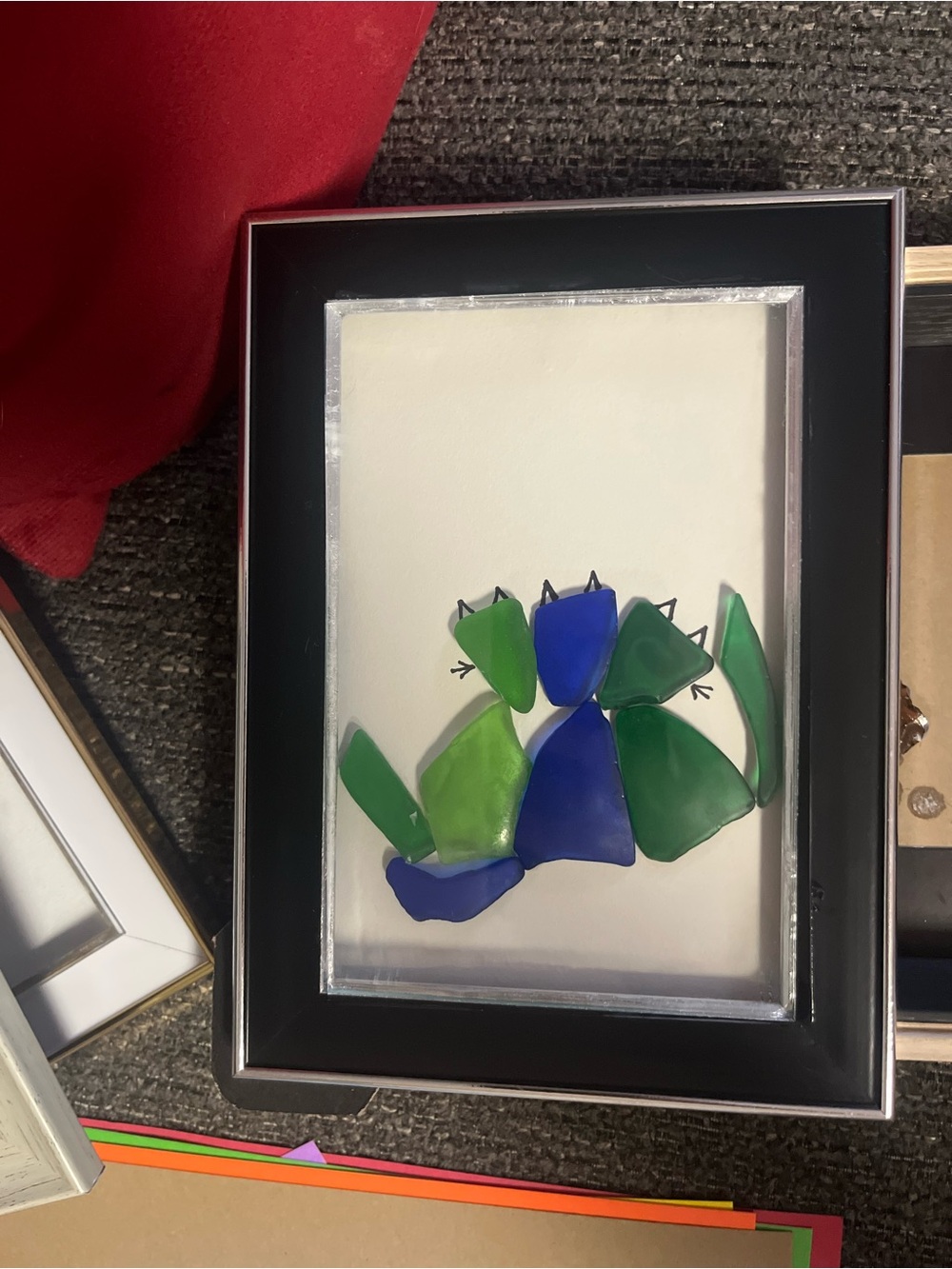 Home Made Framed 3 Cat Sea Glass Art